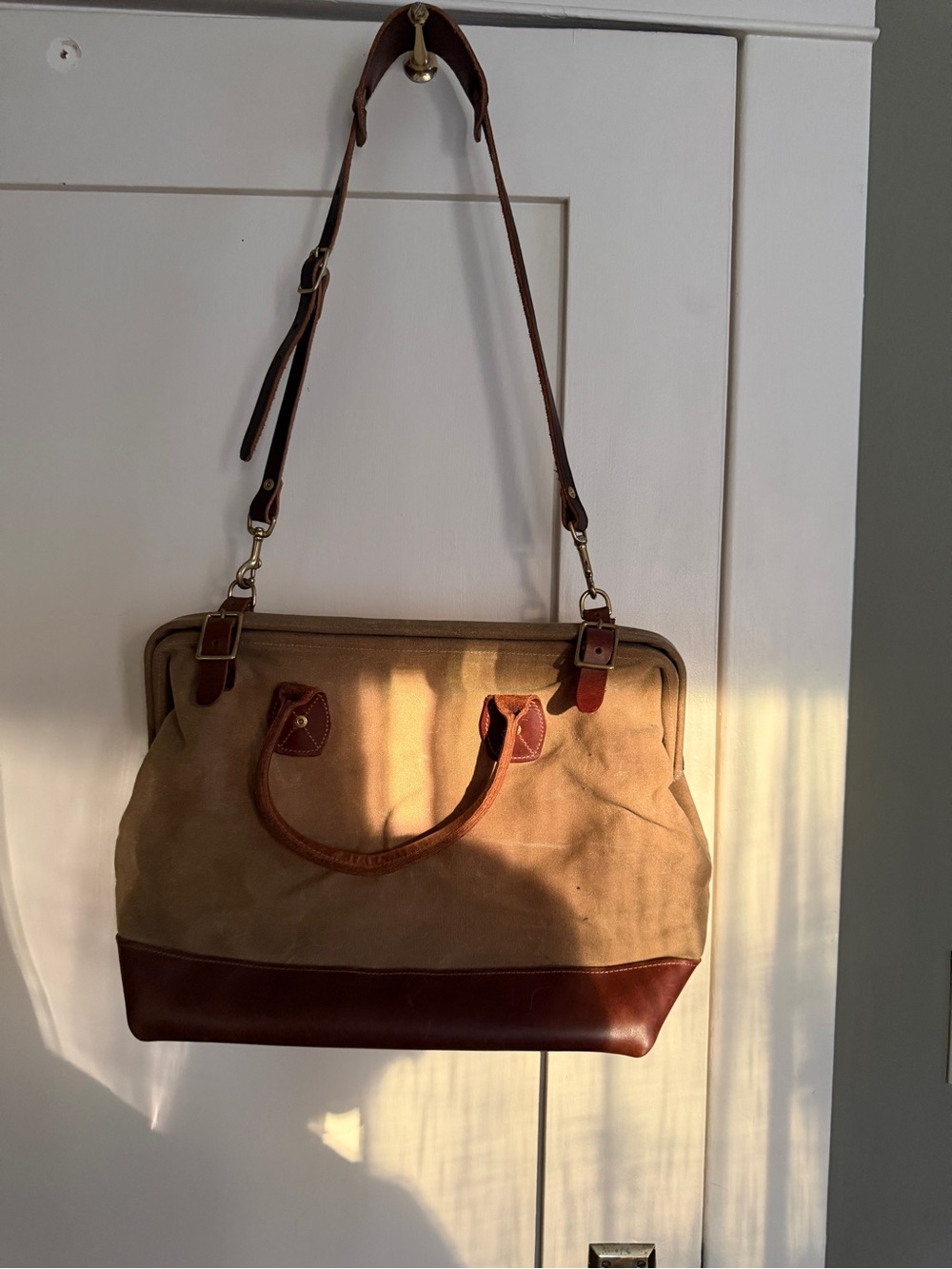 Wood & Faulk Canvas and Leather Satchel Tote - Tan & Brown